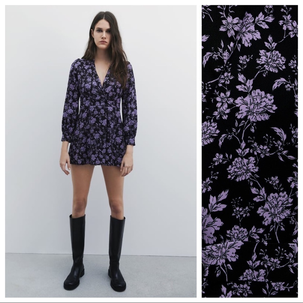 🌹NWT. Zara Black Floral Print V-neckline Jumpsuit. Size M.